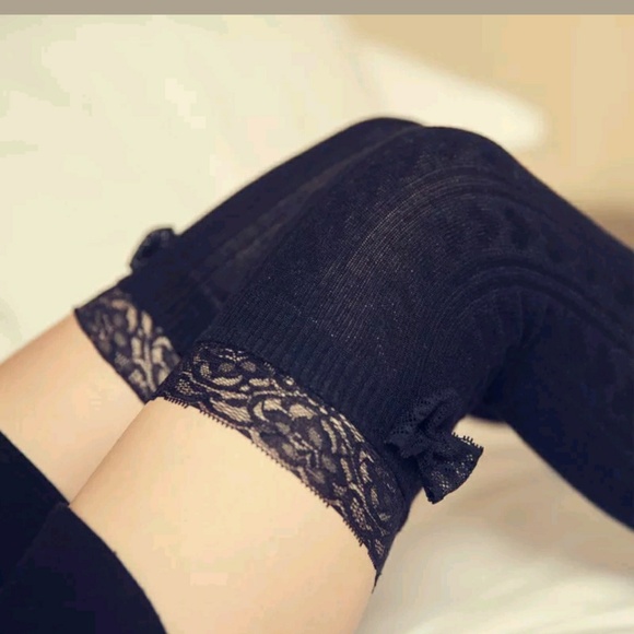 Thigh Hi Lace Trim w/Bow Socks Coffee, Lt Gray - Picture 2 of 7